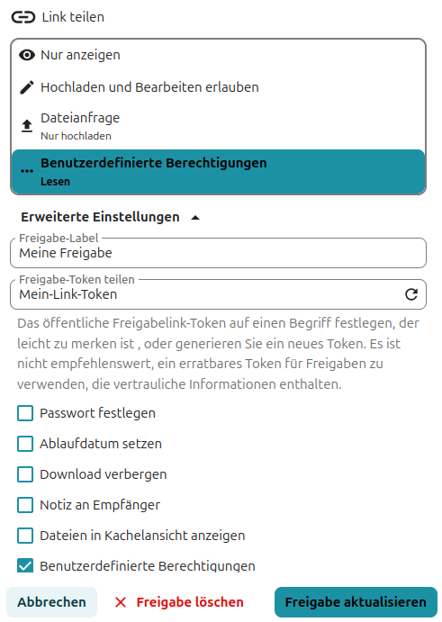 Öffentliche Freigabe - Benutzerdefinierte Berechtitungen